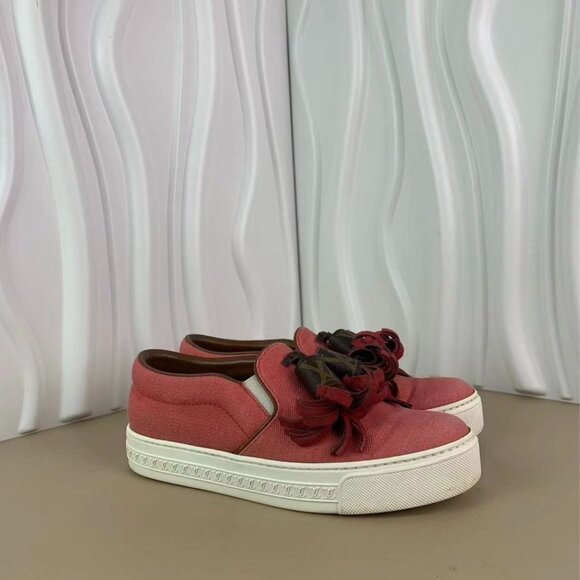 Louis Vuitton Pink Canvas Slip-On Sneakers With Leather Rosette Details & White - Picture 2 of 7